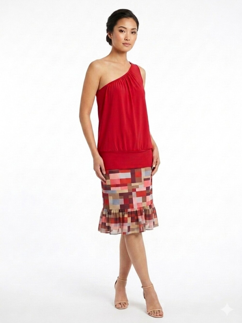New York & Co. One Shoulder Stretchy Blouse Sleeveless Dressy Scarlet Long Top